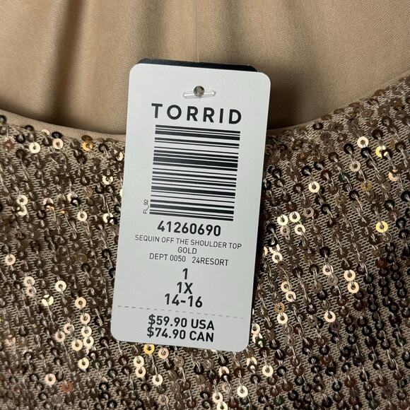 Torrid Sequin NWT Off Shoulder Short Sleeve Gold Shimmer Loose Fit Plus Size Top - Picture 10 of 11